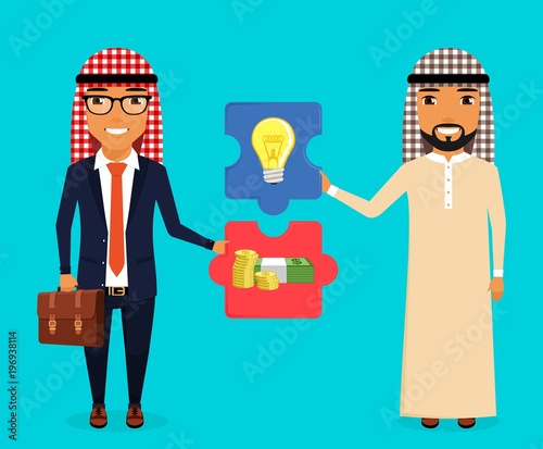 Business concept. Financing and support for new ideas. The Arabs by nationality. Businessmen with puzzles in hand. In flat style. Cartoon.