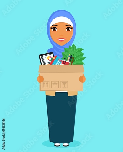 Business situation. A young girl gets a new job. Arab by nationality. Girl holding a box of personal belongings. In a flat style on blue background. Cartoon.