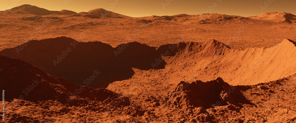 Fototapeta premium Mars - czerwona planeta - krajobraz z ogromnym kraterem od uderzenia i górami w oddali