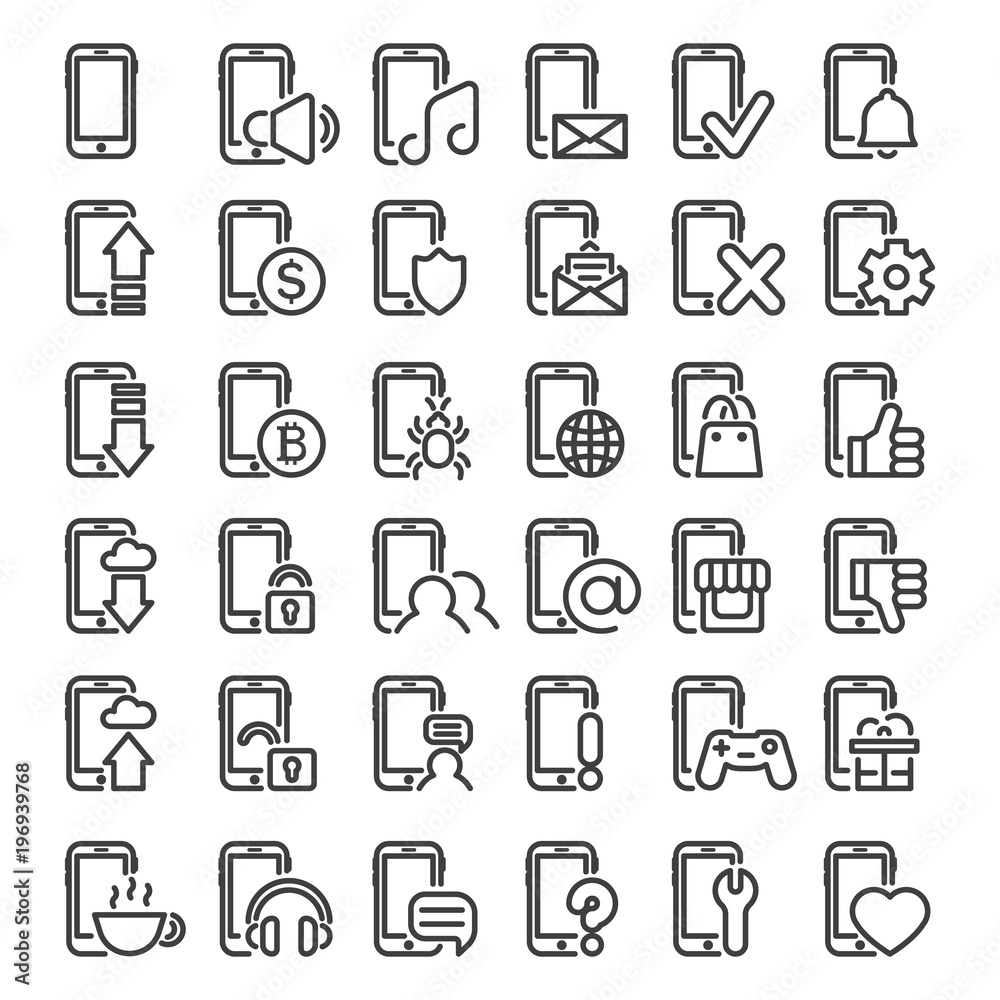 Set icon different smartphone with internet and media icon Set icon different smartphone with internet and media icon