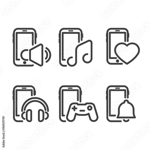 Set icon different smartphone with music, bell and heart icon