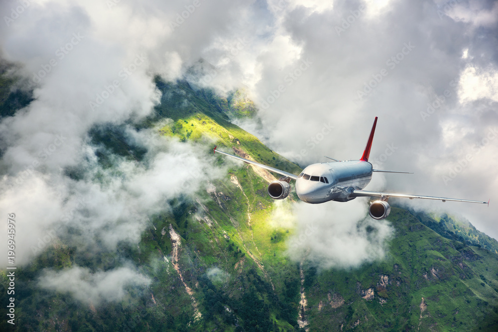 Fototapeta premium Aerial view of aircraft. Airplane is flying in clouds over mountains with forest at sunset. Landscape with passenger airplane, cloudy sky, trees. Passenger aircraft. Business travel. Commercial plane