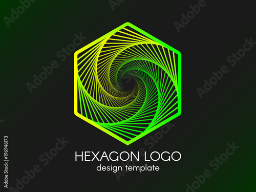 Abstract green hexagon logo. Modern gradient element on black background. Design template for business card or website. Vector illustration