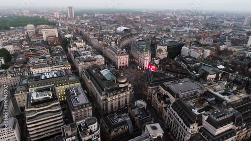 London, UK - JULY 11 : London City Central Town Aerial View and Piccadilly Circus on July 11, 2016 Birds Eye View Famous Square Iconic Landmark Road Junction in England United Kingdom UK 4K Ultra HD photo