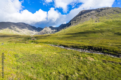Summer landscape with River Brittle and Cuillin mountains, Isle of Skye, Scotland, Britain