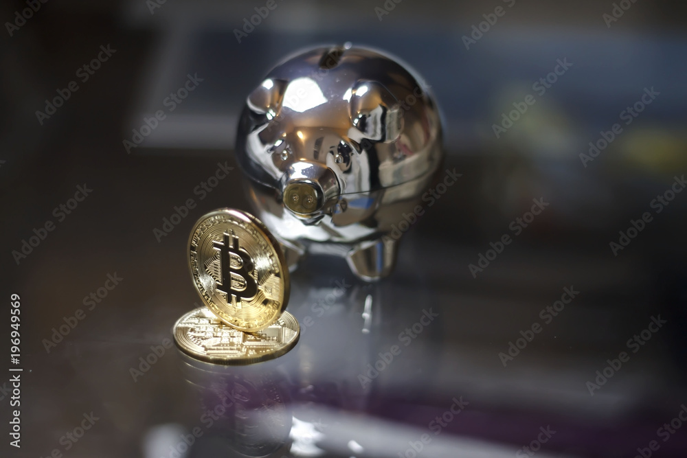 Bitcoin coins and piggy bank Bitcoin coins and piggy bank