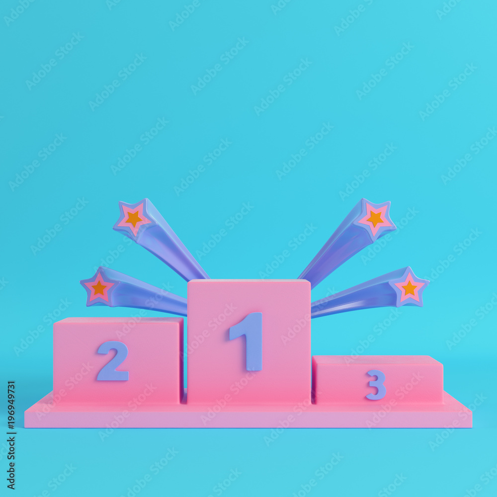 Winners podium with stars on bright blue background in pastel colors