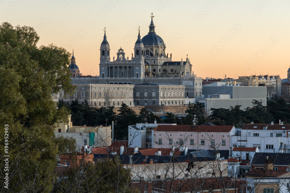Sunset view of Royal Palace and Almudena Cathedral in City of Madrid, Spain