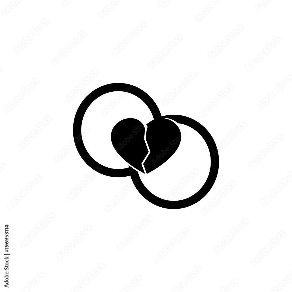 wedding rings and a broken heart icon. Element of wedding and divorce