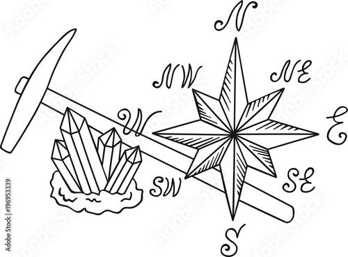 Hand Drawn Doodle Sketch Line Art Vector Illustration of Cardinal Directions Sign Prospecting Hammer and Druse of Crystals. Student Course Geology Emblem Poster Banner Outline Design Element Template