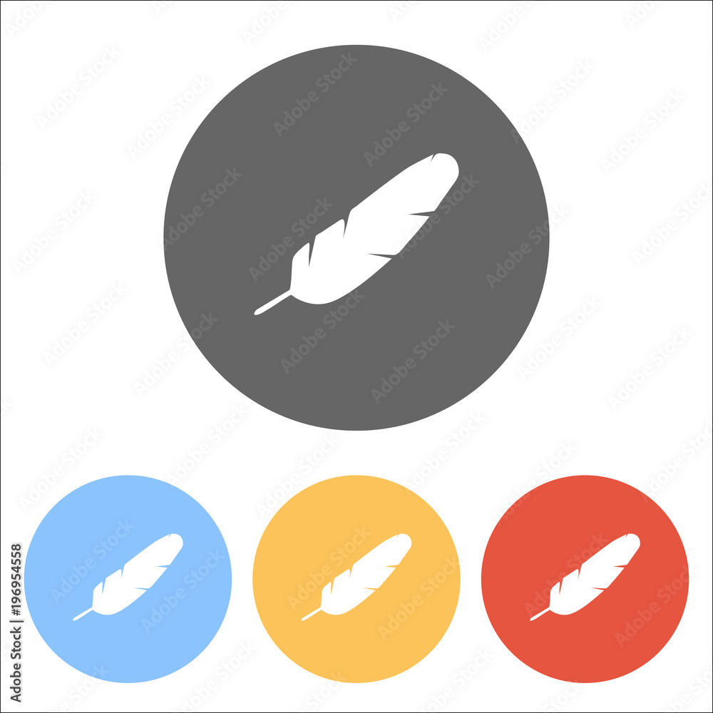 Simple icon of feather. Set of white icons on colored circles Simple icon of feather. Set of white icons on colored circles