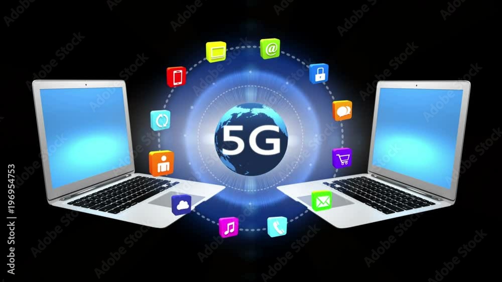 4k 5G symbol with notebook,virtual internet concept with rays light,rotating earth,on-line services gadgets icons-discussion,social media,e-mail,e-shop,cloud computing,music,smartphone,chart,lock. 4k 5G symbol with notebook,virtual internet concept with rays light,rotating earth,on-line services gadgets icons-discussion,social media,e-mail,e-shop,cloud computing,music,smartphone,chart,lock.