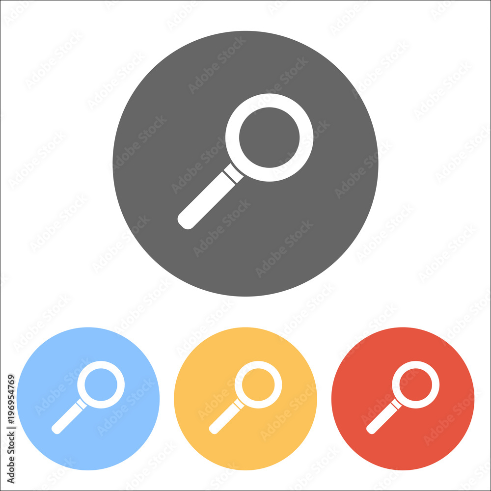 magnifying glass icon. Set of white icons on colored circles magnifying glass icon. Set of white icons on colored circles