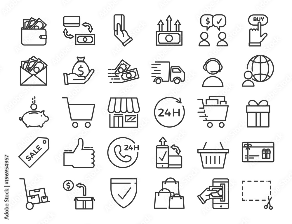 Online business, ecommerce, shop, market thin line icons. Vector Design illustration set with signs and symbols related with sales and commerce online. - obrazy, fototapety, plakaty 