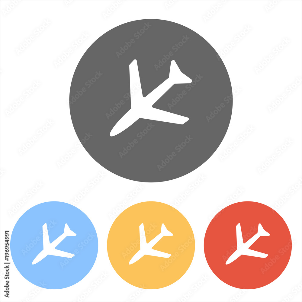 Plane icon. Set of white icons on colored circles