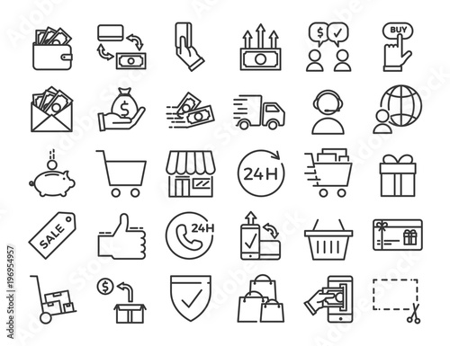 Online business, ecommerce, shop, market thin line icons. Vector Design illustration set with signs and symbols related with sales and commerce online.