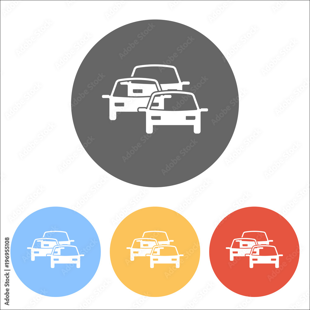 traffic jam icon. Set of white icons on colored circles