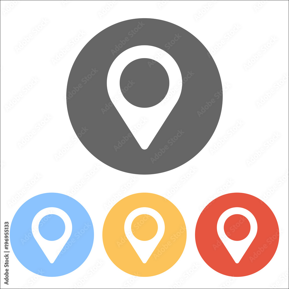 Map label icon. Set of white icons on colored circles Map label icon. Set of white icons on colored circles