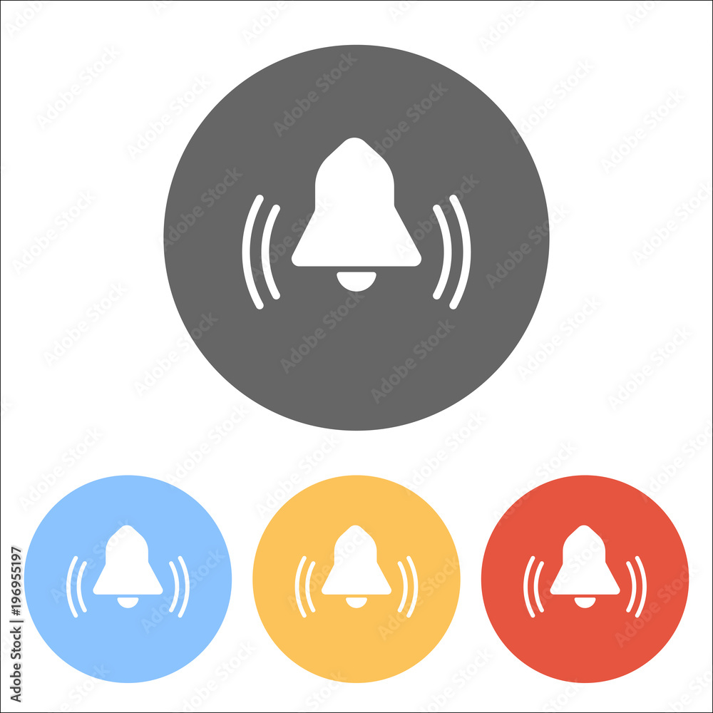 black bell icon. Set of white icons on colored circles black bell icon. Set of white icons on colored circles