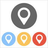 Map label icon. Set of white icons on colored circles