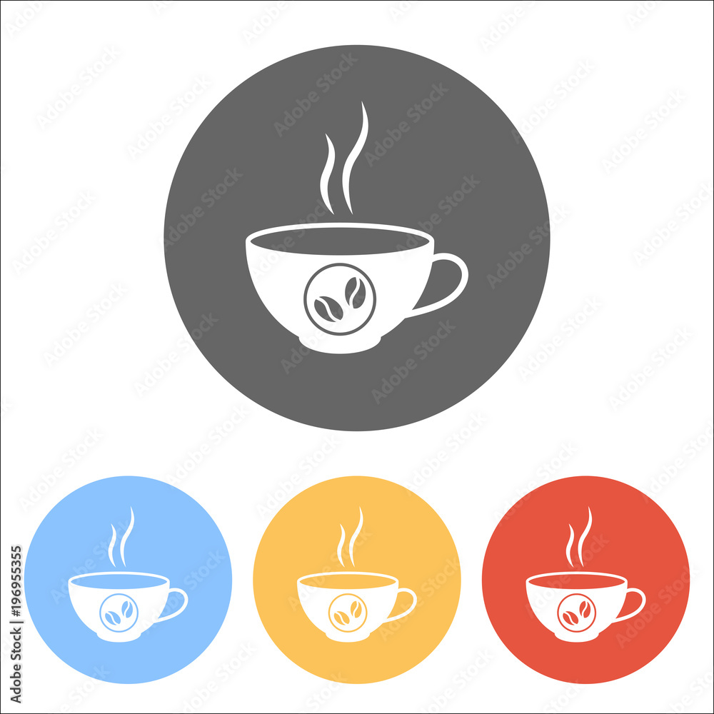 cup of hot coffee icon. Set of white icons on colored circles cup of hot coffee icon. Set of white icons on colored circles