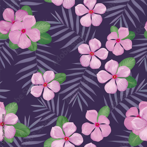 Tropical seamless pattern with vinca flowers and palm leaves background. Vector set of exotic tropical garden for holiday invitations, greeting card and fashion design.
