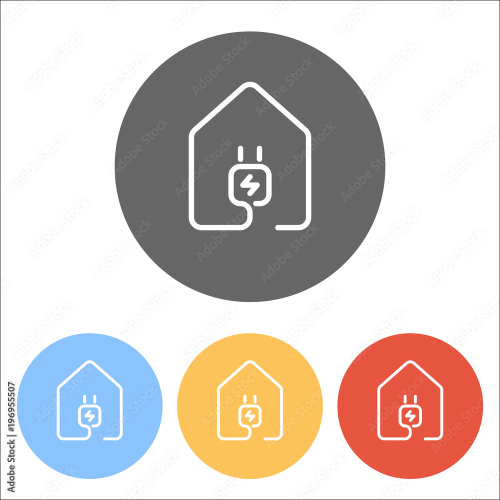 house with electric power plug icon. line style. Set of white ic