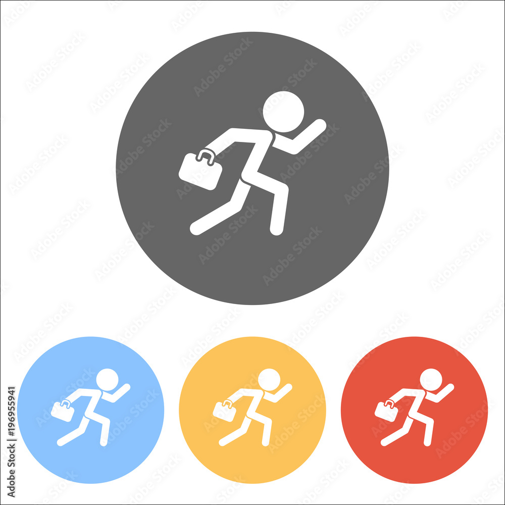 running man with case. Set of white icons on colored circles running man with case. Set of white icons on colored circles