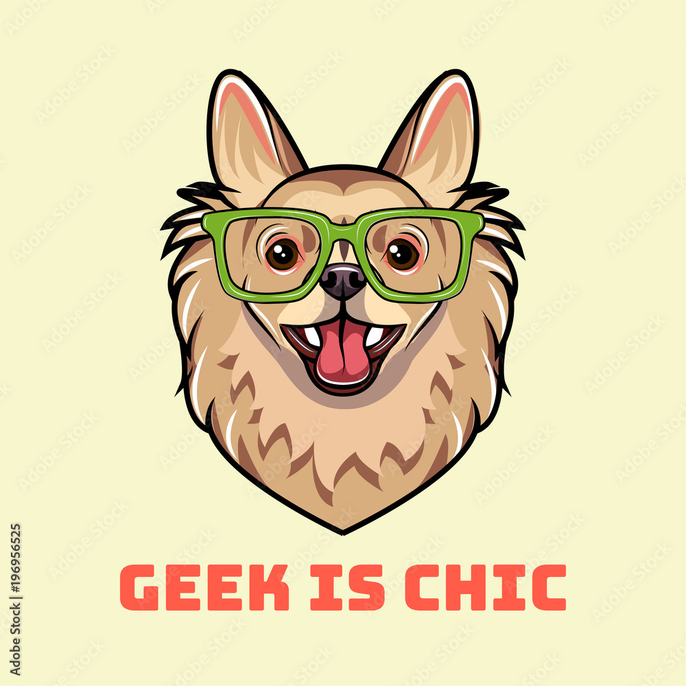Chihuahua dog geek. Dog in smart glasses. Geek in chic inscription. Vector.