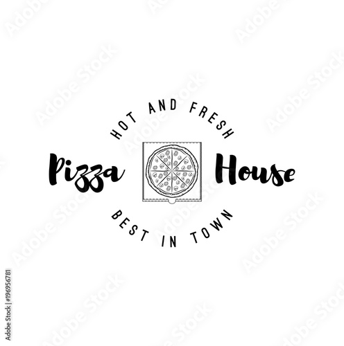 Pizza Box badge. Pizza House logo. Italian food, Pizzeria label. Vector illustration. photo