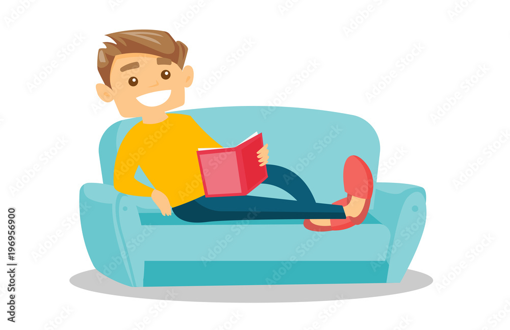 Young caucasian white college student reading a book on a sofa. University  student relaxing with book on the couch at home. Vector cartoon  illustration isolated on white background. Horizontal layout. Stock Vector |