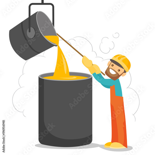 Caucasian white steelworker in hard hat at work near the furnace. Steelworker controlling iron smelting in the foundry in steel making plant. Vector cartoon illustration isolated on white background.