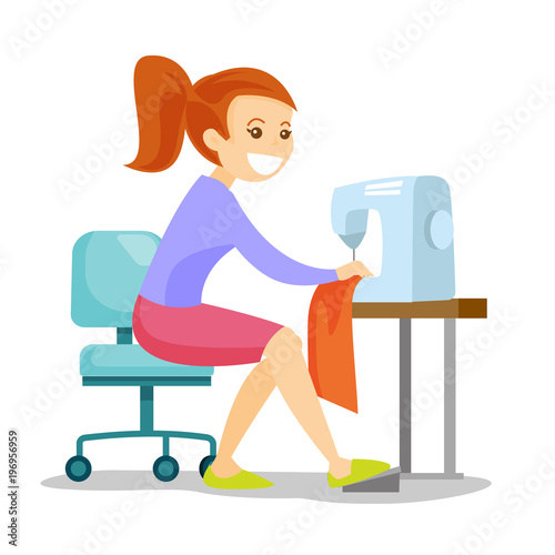 Caucasian white seamstress sewing on an industrial sewing machine. Young seamstress at work in a cloth factory. Fashion and tailoring concept. Vector cartoon illustration isolated on white background. photo