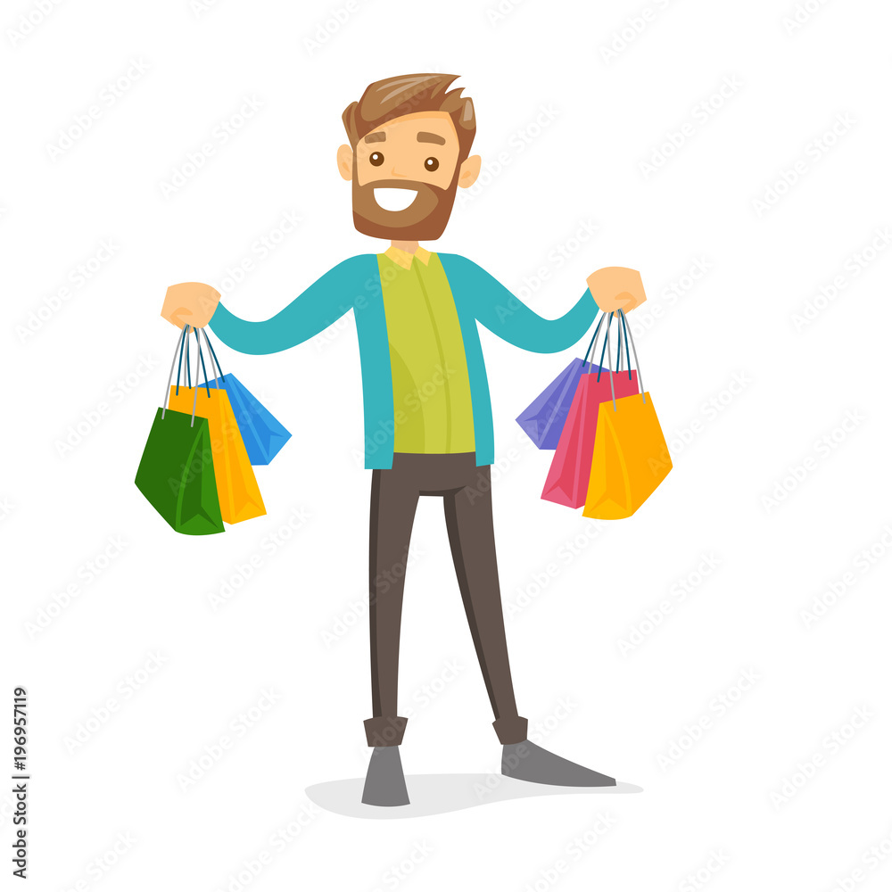 Happy caucasian white consumer carrying shopping bags