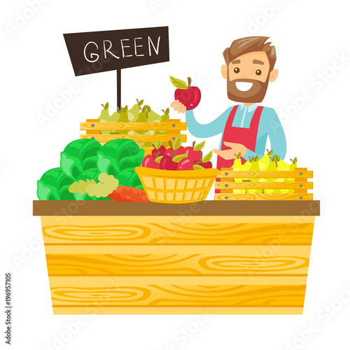 Young caucasian white worker of grocery store standing in the section with  vegetables and fruit. Male seller offering fresh organic food. Vector  cartoon illustration isolated on white background. Stock Vector | Adobe