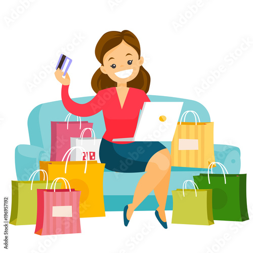 Caucasian white woman sitting on the couch among shopping bags with laptop computer and credit card. Woman buying things online. Vector cartoon illustration isolated on white background. Square layout