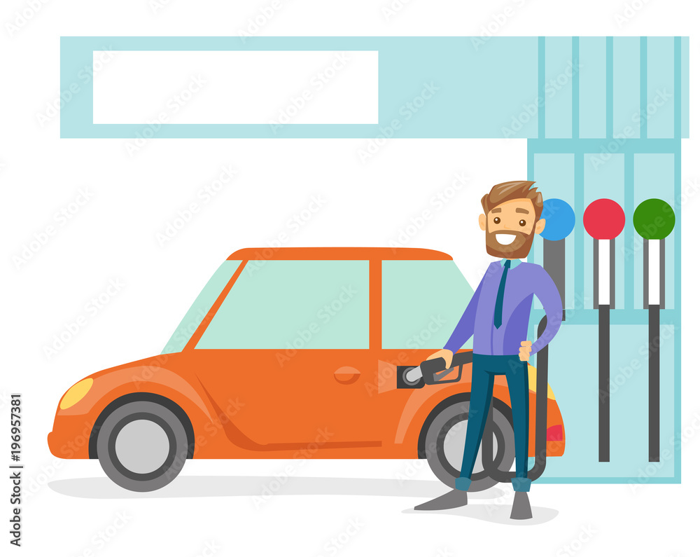 Young caucasian white businessman in suit filling up fuel into the car at the gas station. Hipster man with beard refueling a car. Vector cartoon illustration isolated on white background. Young caucasian white businessman in suit filling up fuel into the car at the gas station. Hipster man with beard refueling a car. Vector cartoon illustration isolated on white background.
