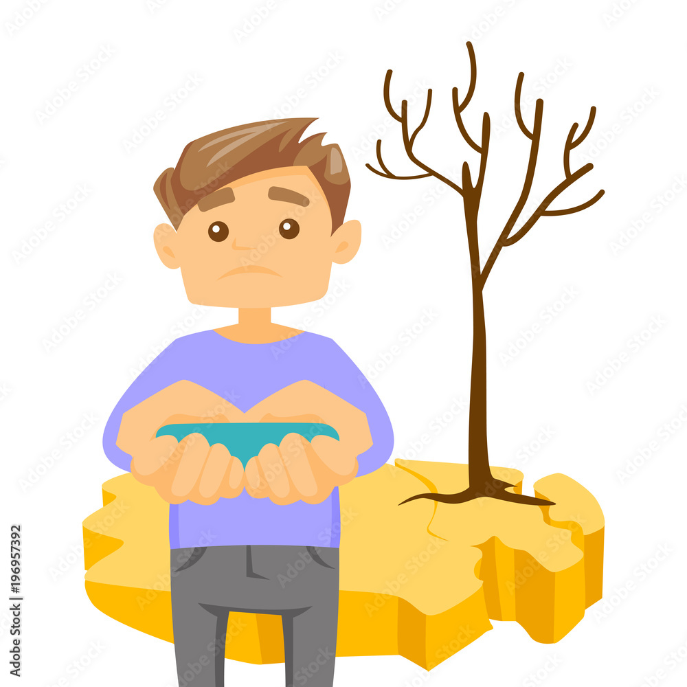 Caucasian white man holding water in hands on the background of dry earth  and tree. Concept of drought, climate change and global warming. Vector  cartoon illustration isolated on white background. Stock Vector |