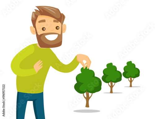 Young caucasian white gardener plants a tree. Cheerful man standing near newly planted trees. Environmental protection, gardening concept. Vector cartoon illustration isolated on white background.