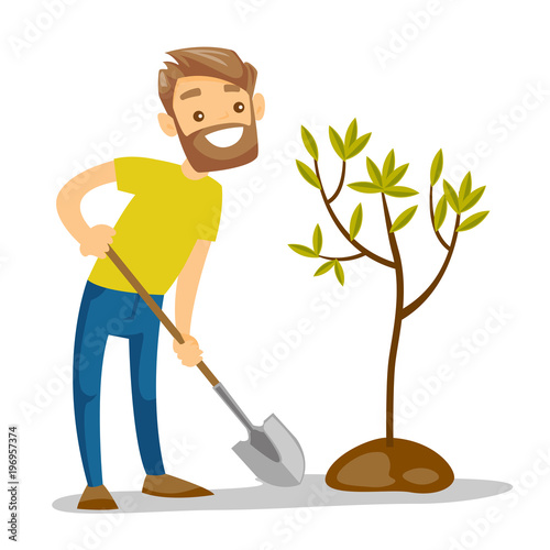 Caucasian white gardener plants a tree with a shovel. Man standing near newly planted tree. Environmental protection and gardening concept. Vector cartoon illustration isolated on white background.