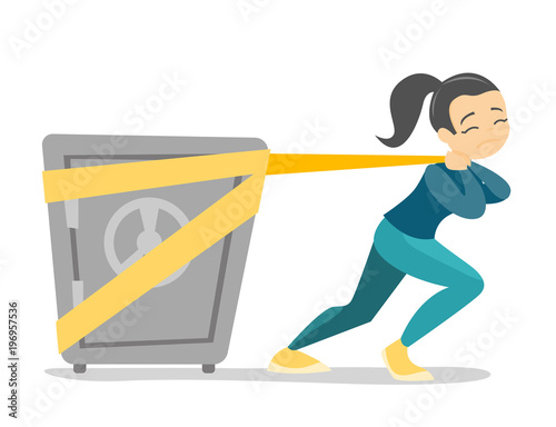 Young caucasian white woman pulling heavy safe symbolizing student loan and debt. Concept of the high cost of student loan. Vector cartoon illustration isolated on white background. Horizontal layout.