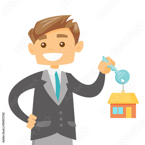 Young happy caucasian white owner holding key to his new house. Smiling buyer with keys and trinket in the shape of house. Vector cartoon illustration isolated on white background. Square layout.