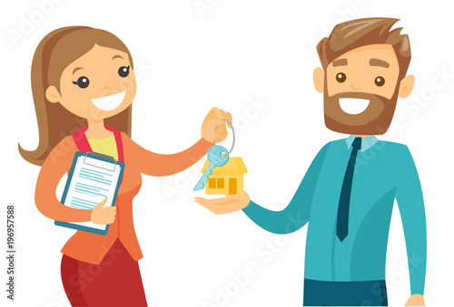 Young caucasian white real estate agent giving house key to a happy client. Realtor passing key to a new house owner. Vector cartoon illustration isolated on white background. Horizontal layout.