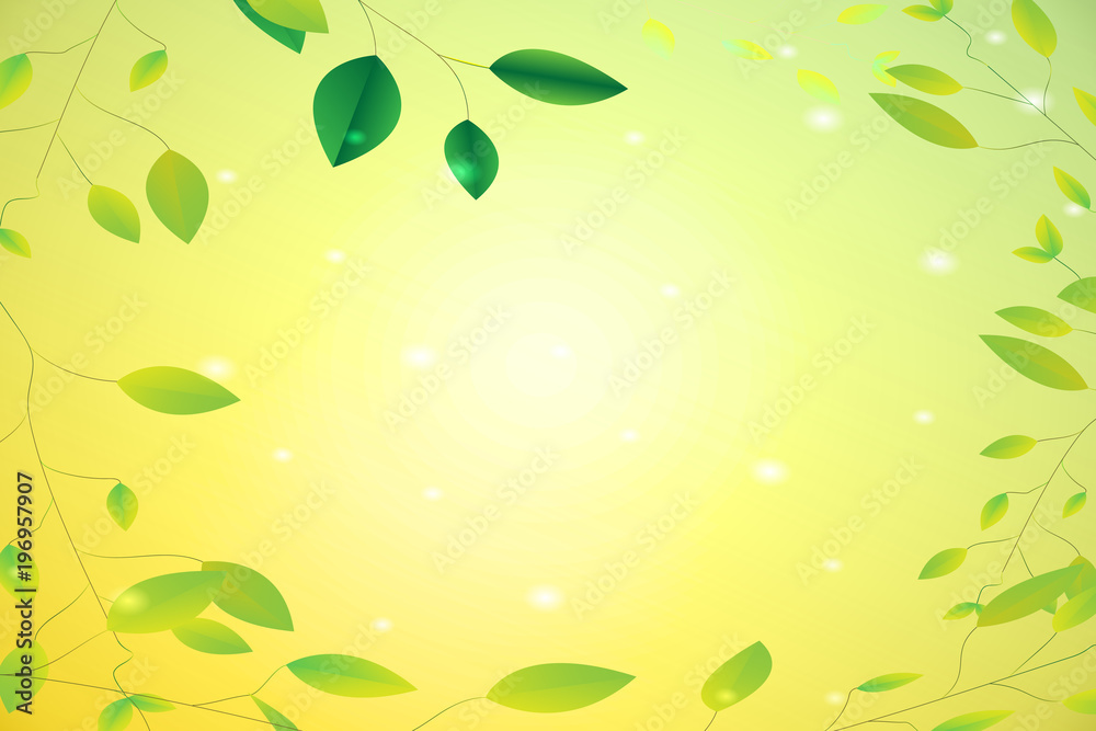 Bright and cheerful design featuring fresh green leaves scattered around a vibrant yellow gradient background. Ideal for nature-themed, eco-friendly, and seasonal spring or summer content. Bright and cheerful design featuring fresh green leaves scattered around a vibrant yellow gradient background. Ideal for nature-themed, eco-friendly, and seasonal spring or summer content.