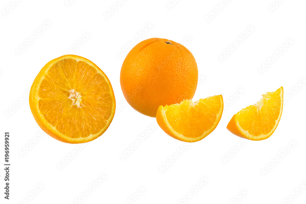 Still Life Half crescent, Full Fresh Orange Fruit on white background Still Life Half crescent, Full Fresh Orange Fruit on white background