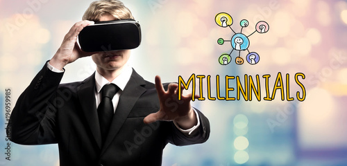 Millennials text with businessman using a virtual reality headset