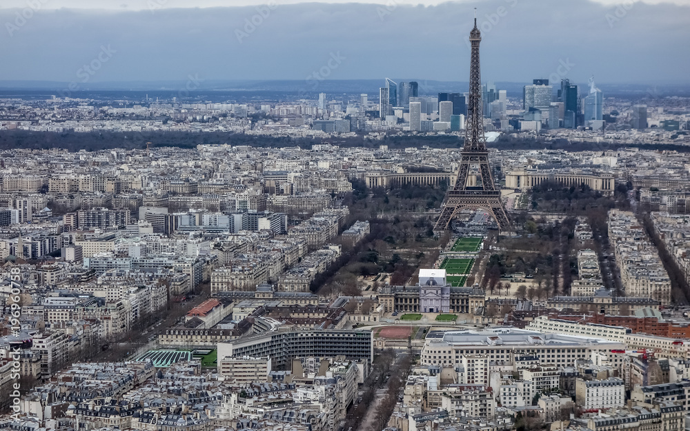 Jan 2, 2018 - View over Paris, looking towards the Eiffel Tower and La Defense, from the observation deck at the top of the Tour Montparnasse, Paris, France