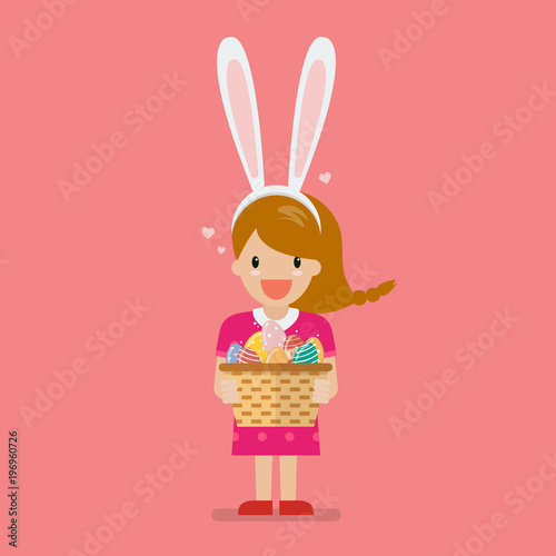 Girl with bunny ears mask holding basket full of easter eggs