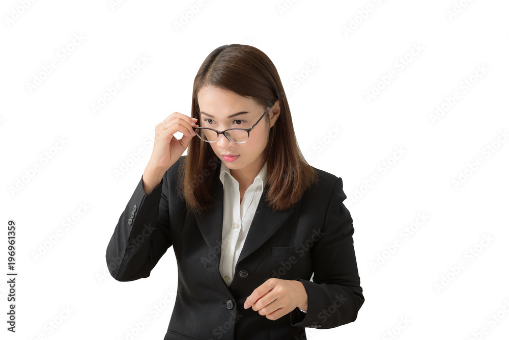 Frightened and stressed young business woman Hand holding glasses and open mouth her Eye staring to something. Frightened and stressed young business woman Hand holding glasses and open mouth her Eye staring to something.