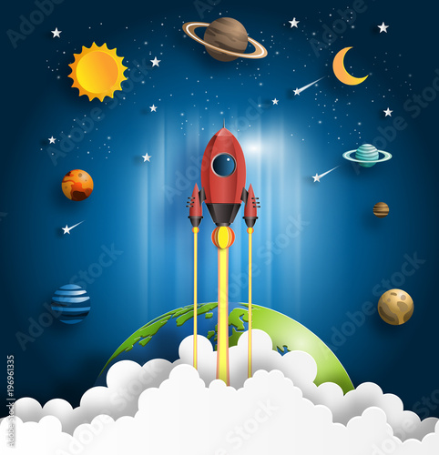 Paper art style of rocket flying over the earth, start up concept, flat-style vector illustration.